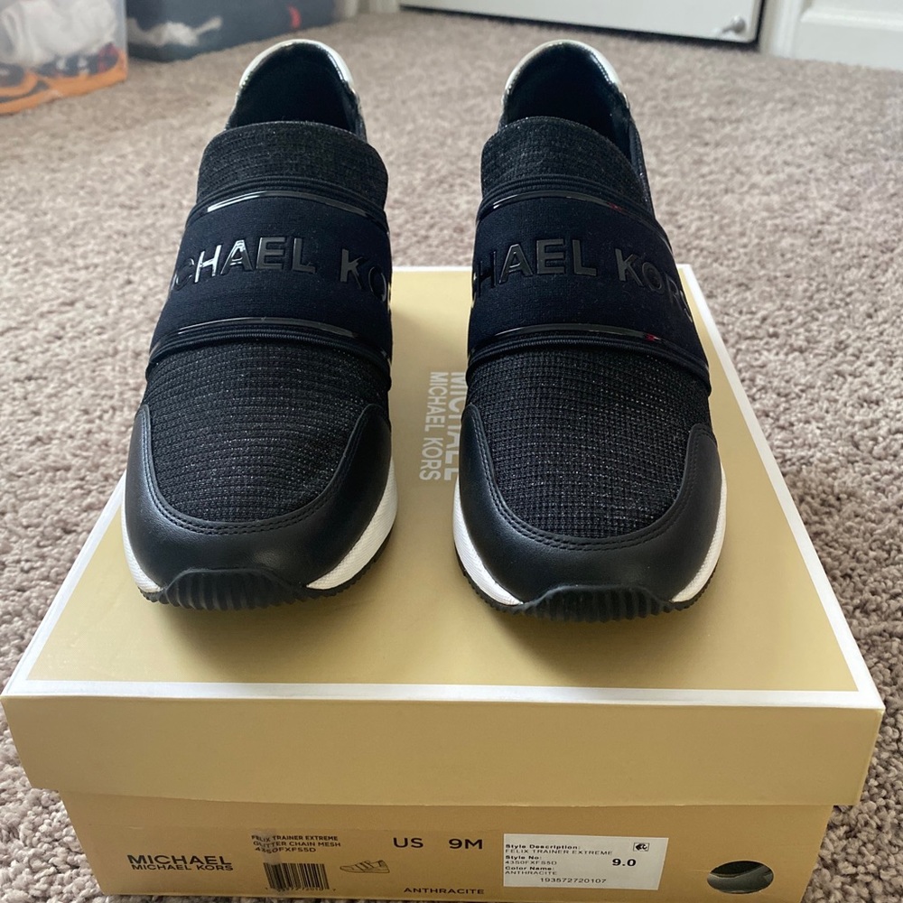 Michael Kors Felix Trainer Glitter Chain Mesh Slip-on Sneaker Anthracite Size 9